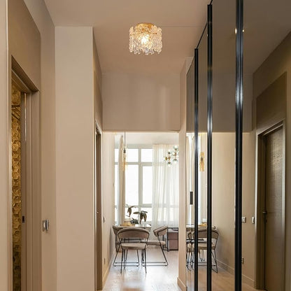 No Wiring Needed Mini Gold Crystal Chandeliers, Semi Flush Mount Light Fixture, 15ft Plug-in Cord Modern Design, Remote Control LED Edison Bulb Decoration for Bedroom Hallway Living Room