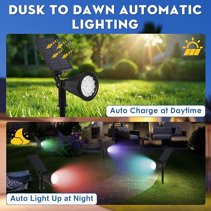 Solar Spot Lights Outdoor, 2-in-1 Wall Mount & Ground Stake 18 LEDs with 2 Lighting Modes, 7 Colors Changing, IP65 | Lumora