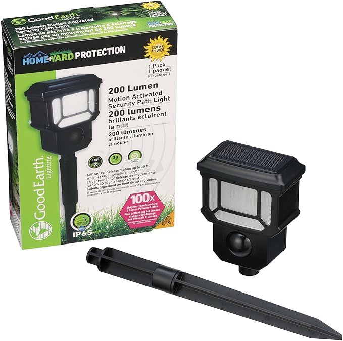 Good Earth Lighting Solar LED Landscape Security or Strobe Path Light in Matte Black, Motion Sensor with Auto Off, 200 Lumens, 5000K Color Temperature, IP65 Rated