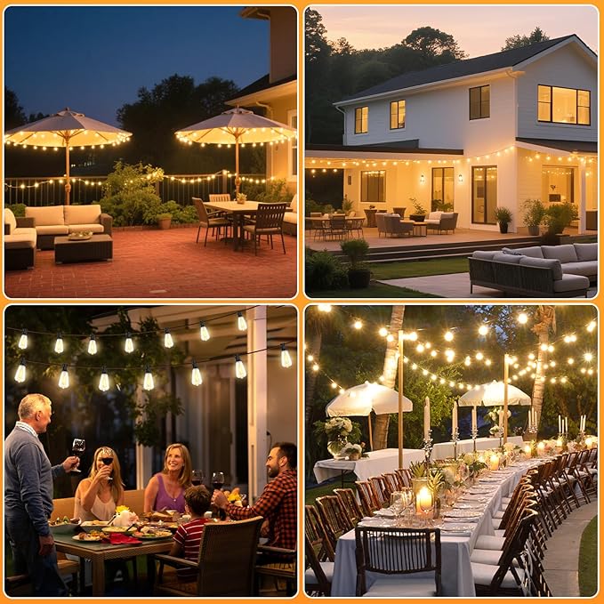 100FT Outdoor Solar String Lights with Remote, USB Rechargeable LED Patio Lights with 52 Timer Dimmable ST38 Edison | Lumora