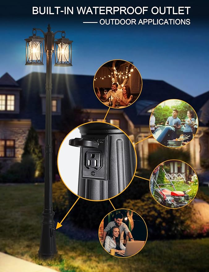 Dusk to Dawn Outdoor Lamp Post Light Modern 2-Head Street Pole Light Fixtures with Outlet, Waterproof Black Outside | Lumora