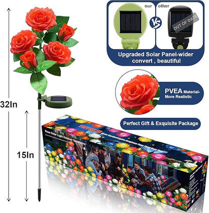 Solar Flower Lights Outdoor - Upgraded Two Modes Realistic LED Solar Powered Waterproof Roses, Decorative Stake for Garden (Orange, 1 Pack)