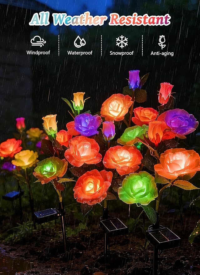 Brightown Outdoor Solar Flower Lights, 4 Pack 7-Color Changing Solar Garden Lights with Larger & More Realistic Rose, Bigger Solar Panel, Waterproof Solar Lights for Yard Garden Lawn Pathway Decor