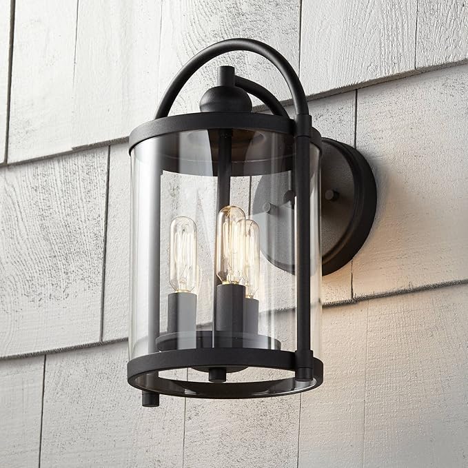 John Timberland Avani Modern Industrial Outdoor Wall Light Fixture Black Metal 13" Clear Cylindrical Glass Exterior | Lumora