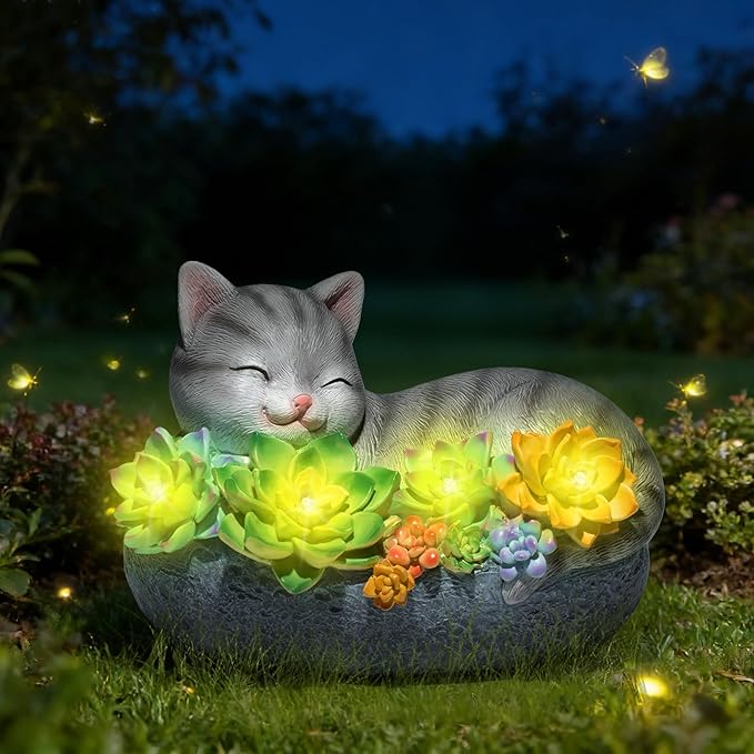 basen Solar Sleeping Cat Outdoor Garden Decor, Resin Cat Figurine with Colorful Succulent Flowers, Solar Powered LED Light, Waterproof Yard Lawn Patio Ornament, Cute Animal Gift for Home Garden