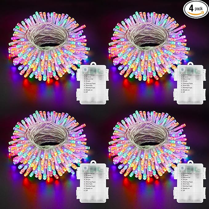 4 PACK Multicolor Battery Operated String Lights Outdoor 16.5Ft 50LED Battery Timer String Lights RGBY Clear Wire Christmas Tree Lights with 8 Modes Indoor Decorations for Yard Patio Window Tree