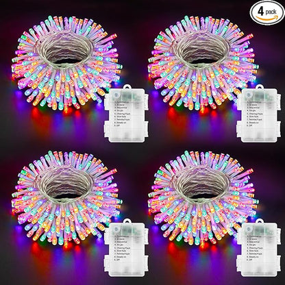 4 PACK Multicolor Battery Operated String Lights Outdoor 16.5Ft 50LED Battery Timer String Lights RGBY Clear Wire Christmas Tree Lights with 8 Modes Indoor Decorations for Yard Patio Window Tree