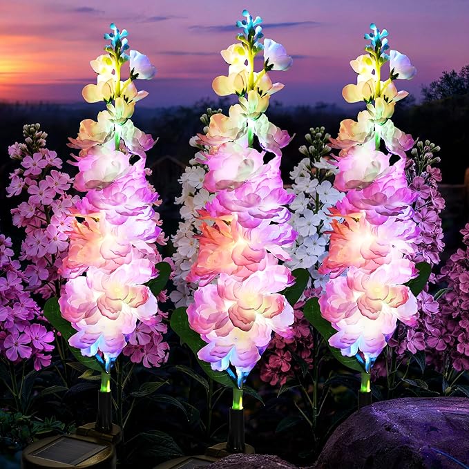 GIGALUMI Solar Lights Outdoor for Garden Decor, 3 Pack Solar Flower Lights Waterproof, 2 Lighting Modes Delphinium for Pathway,Yard, Patio Decoration, Gardening Gifts for Women (Pink)
