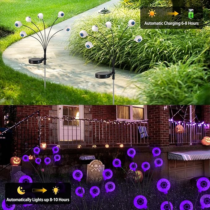 Halloween Solar Lights Outdoor Waterproof Solar Scary Eyeball Lights, 2 Pack Green Eyeball Swaying Firefly Lights, Solar Halloween Path Lights for Yard Garden Lawn Party Decor, Purple