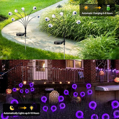 Halloween Solar Lights Outdoor Waterproof Solar Scary Eyeball Lights, 2 Pack Green Eyeball Swaying Firefly Lights, Solar Halloween Path Lights for Yard Garden Lawn Party Decor, Purple