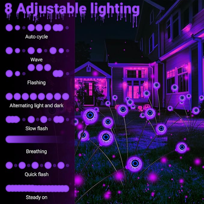 hyrion Halloween Decorations Outdoor Solar Eyeball Lights, 4 Packs 24LED Scary Eyeball Swaying Firefly Lights, 8 Mode Waterproof Purple Halloween for Outside Path Yard Garden Lawn