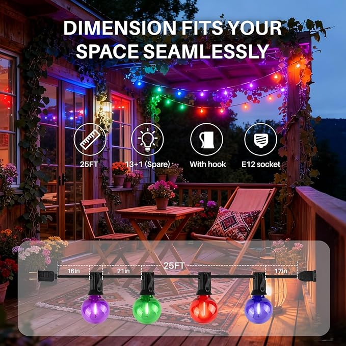 25 FT Colorful Outdoor String Lights G40 Globe Shatterproof Patio Lights,13 Plastic Edison Bulbs(1 Spare) IP65 Waterproof Dimmable LED Bulbs for Backyard Porch Balcony Party Decor, E12 Base