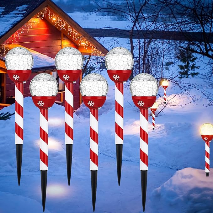 6 Pcs Christmas Solar Pathway Lights Outdoor Stainless Steel Solar Candy Cane Path Torch Lights for Yard Patio Garden Outside Walkway Driveway Landscape Stakes Xmas Outdoor Decorations