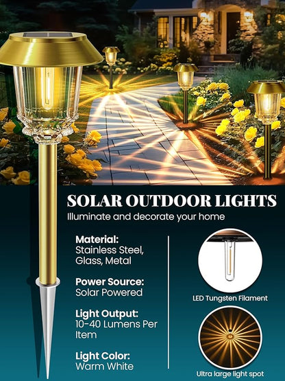 Solar Lights Outdoor Waterproof,6 Pack Gold Solar Pathway Lights with 10-40 LM Dimmable Glass and Metal, Solar Powered Garden Fall Decor for Yard,Patio,Pathway,Driveway(Warm White)