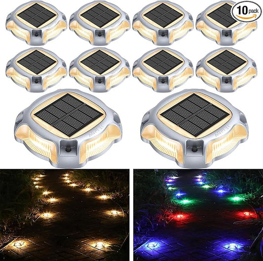 AGPTEK Metal Multi-Colors In 1 Solar Driveway Lights Outdoor 10 Pack, Aluminum RGB Deck Dock Marine LED Solar Powered Waterproof Decorative Marker Security Light for Garden, Yard, Step, Sidewalk, Path