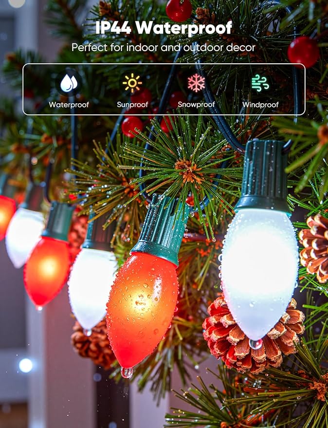Vintage C9 LED Christmas Lights Outdoor, 50 Feet String with 50 Shatterproof Matte Bulbs, Connectable Waterproof Tree Lights for Holiday Roofline Backyard Garden Decor, Red & Pure White