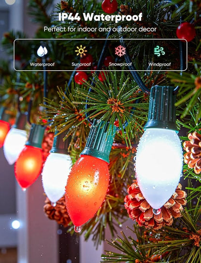 Vintage C9 LED Christmas Lights Outdoor, 50 Feet String with 50 Shatterproof Matte Bulbs, Connectable Waterproof Tree Lights for Holiday Roofline Backyard Garden Decor, Red & Pure White