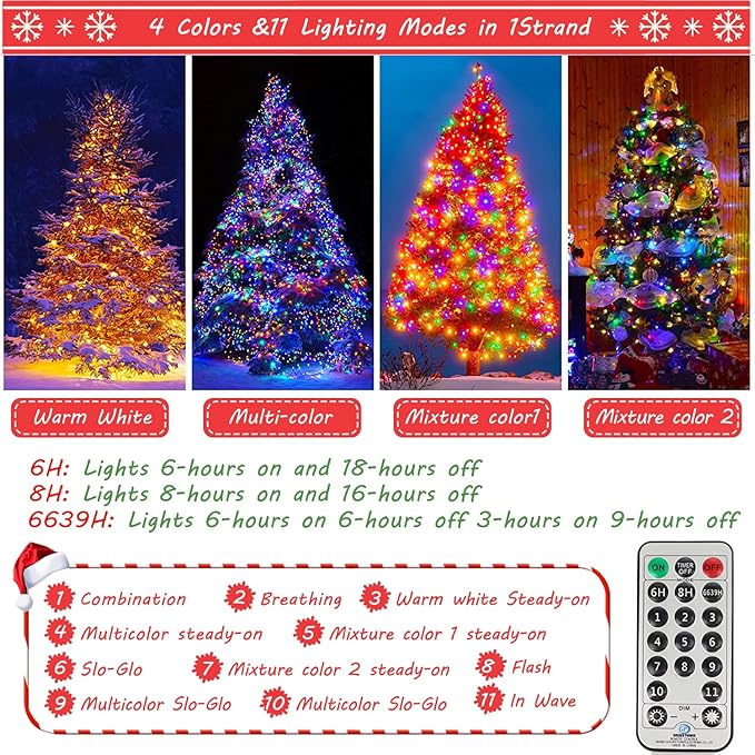 Color Changing Christmas Lights - Christmas Tree Lights - 180FT 500 LED with 11 Modes, Warm White and Multi & Color Christmas Light String, for Xmas Tree Decorations Garden Party