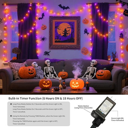 Tcamp 164FT 500 LED Orange Purple Halloween Lights outdoor Indoor, 8 Modes Christmas Tree Lights with Remote Timer Memory, Green Wire Starry Fairy String Light for Halloween decorations(Purple Orange)