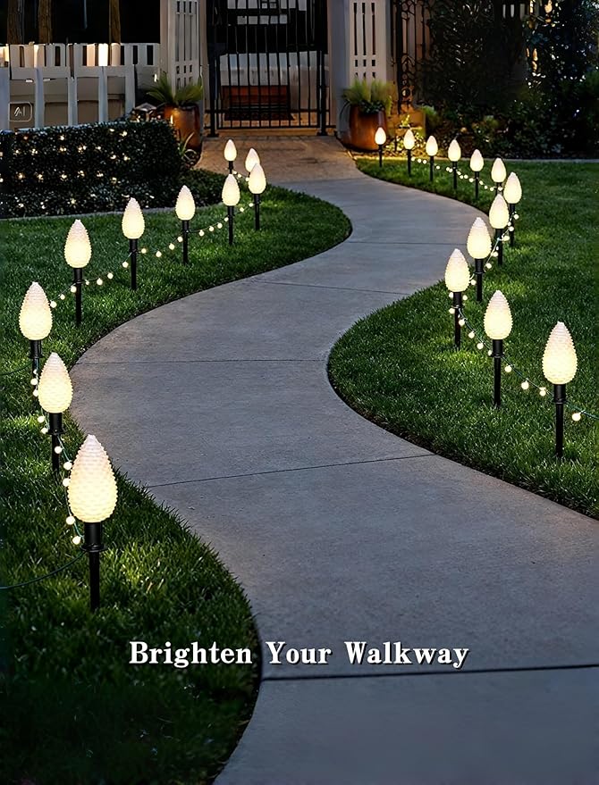 Christmas C9 Pathway Lights 7FT Pinecone, LED with 4 Stakes Connectable Holiday Commercial Warm White Light Decoration UL Listed - Green Wire