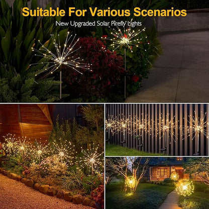 Solar Lights Outdoor, 2 Pack Solar Firework Lights Outdoor – 150 LED, 8 Modes, IP65 Waterproof Garden Pathway Decor | Warm White Solar Powered Stake for Yard, Patio, Easter & Holiday Decoration