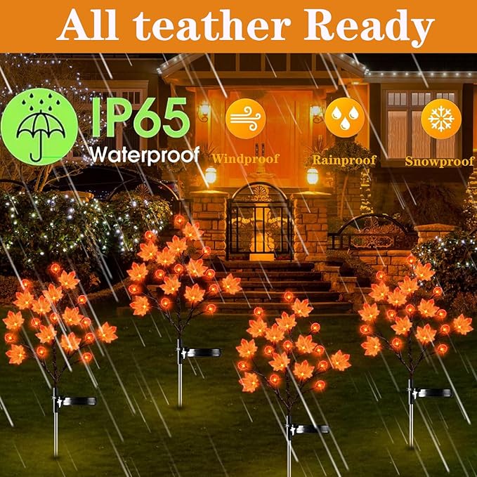 2 Pack 40LED Solar Outdoor Maple Leaf Lights for Fall Decor-3D Maple Pumpkin Thanksgiving Lights with 2 Modes | Waterproof Solar Garden Lights for Yard, Pathway, Halloween, Christmas Decorations