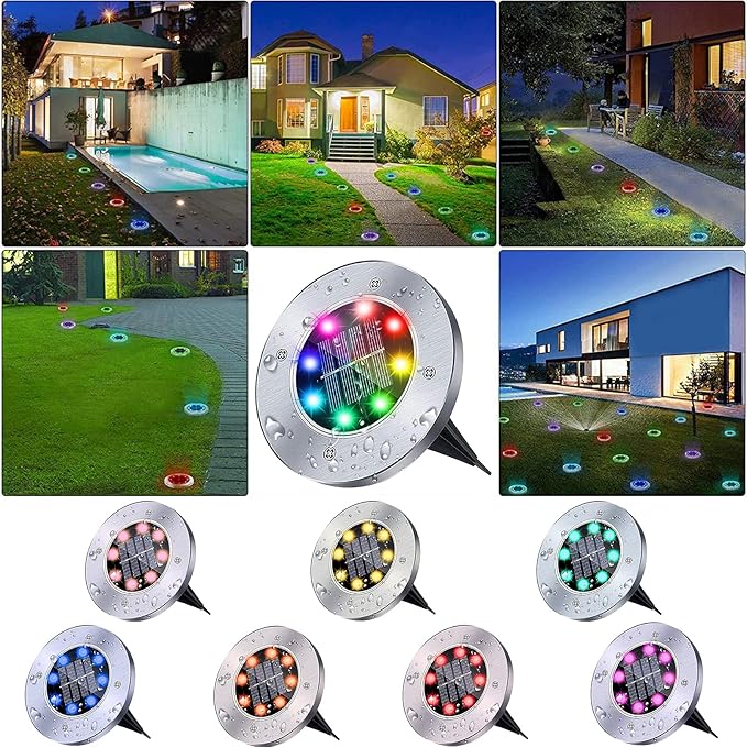 Solar Ground Lights,Multi-Color Auto-Changing 8LED Waterproof Solar Powered Lights In-Ground Outdoor Landscape | Lumora