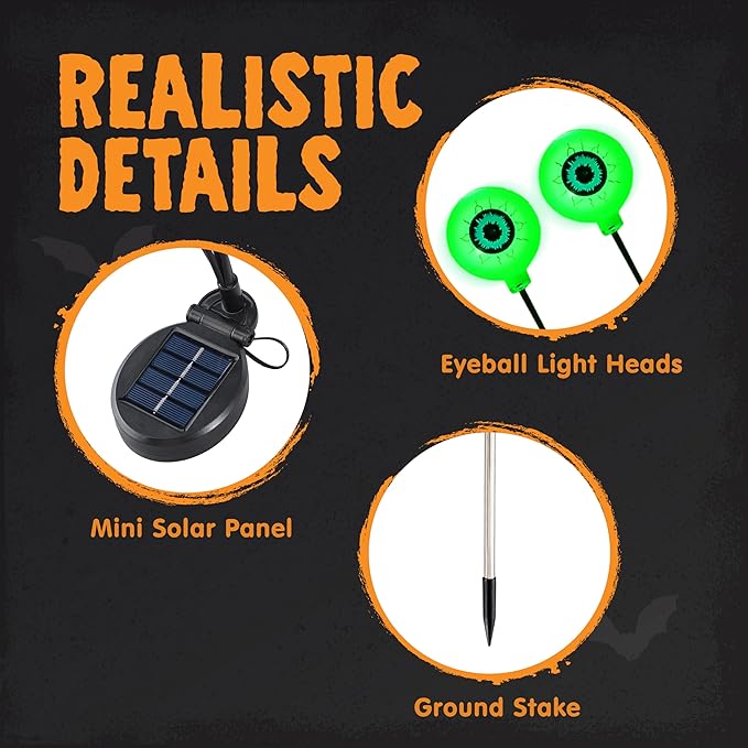 JOYIN Halloween Decorations Outdoor Solar Scary Eyeball Lights, 4 Pcs 24LEDs Green Pathway Yard Stakes, Waterproof Firefly Lights for Halloween Graveyard Yard Garden Patio Walkway Party
