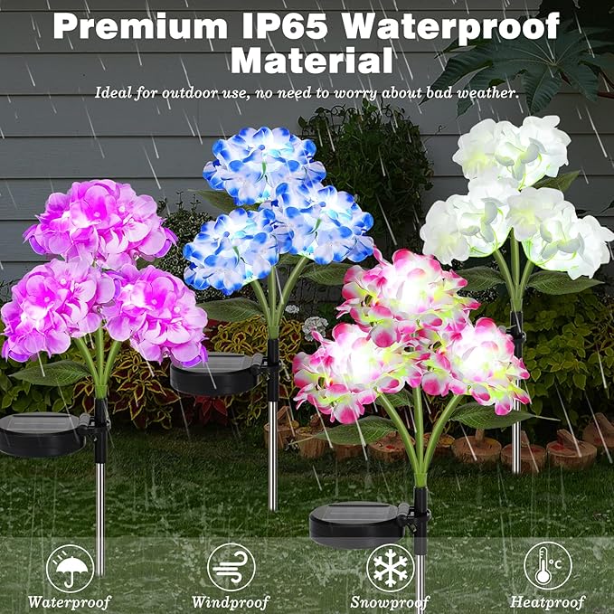 Lewondr 4 Pack Solar Garden Lights, Solar Flowers Lights with 4 Blooming Hydrangea Flowers, Waterproof Solar Lights Outdoor for Yard Porch Patio Backyard Pathway Gardening, 2 Lighting Modes, Colorful