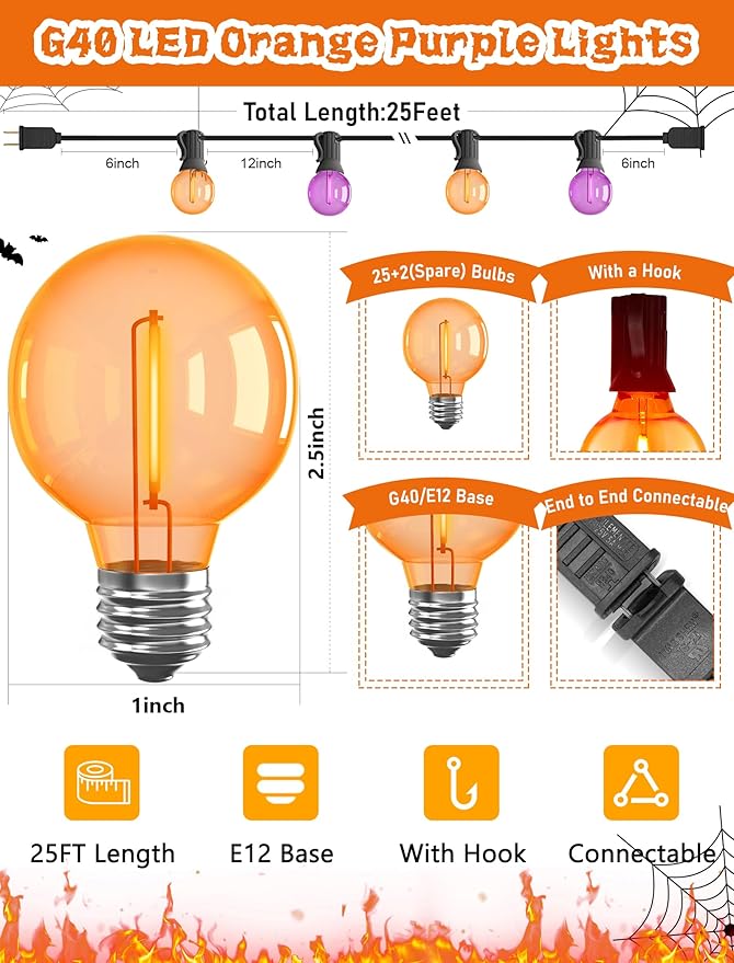 25FT Halloween String Lights Outdoor Plug-In, 25 G40 LED Bulbs & 2 Spare, E12 Base, 2700K Warm White, Shatterproof, Outdoor Halloween Decorations for Garden Patio Christmas, Clear Purple Orange
