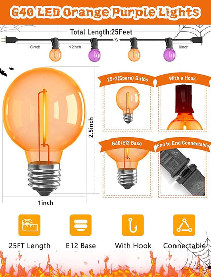 25FT Halloween String Lights Outdoor Plug-In, 25 G40 LED Bulbs & 2 Spare, E12 Base, 2700K Warm White, Shatterproof, Outdoor Halloween Decorations for Garden Patio Christmas, Clear Purple Orange