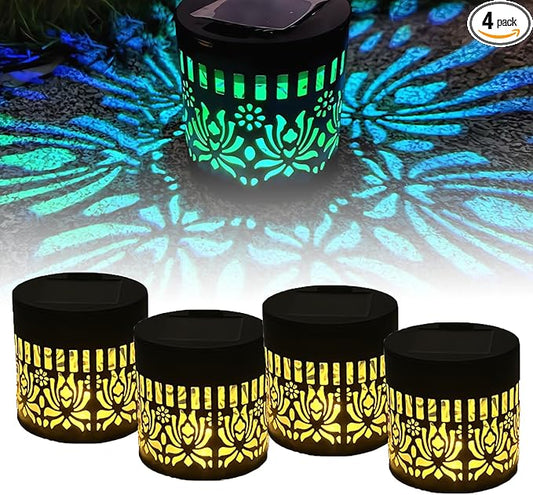 Solar Mandala Lights Outdoor Decorative - Waterproof Metal Mandala Solar Wall Lights, Artistic Fence & Step Lights for Garden, Patio, Backyard, Yard & Outdoor Home (4, Lotus-Colored Light)