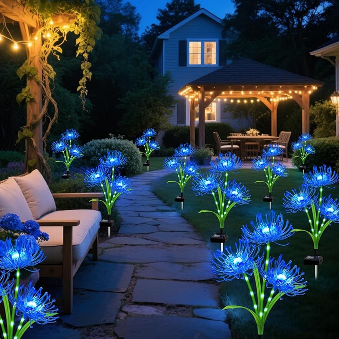 Solar Garden Flower Lights Outdoor, 4 Pack Blue Spider Lily Solar Lights with Glowing Stems, IP65 Waterproof LED Yard Decor for Patio Lawn Pathway, Mother's Day Valentine Gifts for Women Mom Grandma