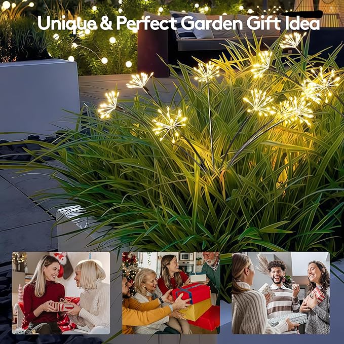Solar Garden Lights Outdoor Waterproof Decorative, 2 Pcs 160LED Solar Swaying Starburst Firework Lights for Yard Lawn Patio Pathway Walkway, 8 Lighting Modes, Christmas Wedding Party Gift (Warm White)