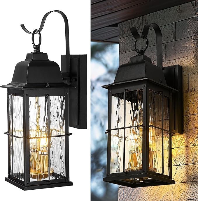 zeyu 17.2 Inch Exterior Black Light Fixture, 2-Light Outside Wall Light for House, Die-Cast Aluminum with Water Ripple Glass, Black and Gold Finish, 20071B2 BK+BG-WP