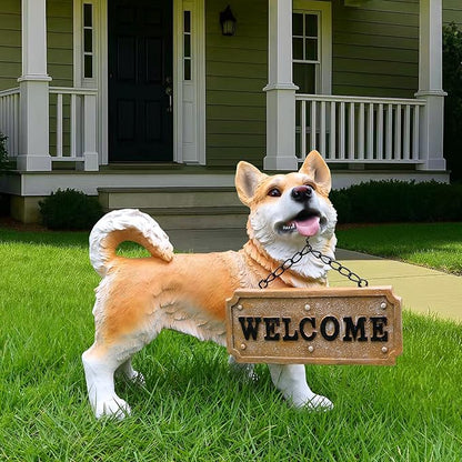 Outdoor Husky Dog Statue with Interchangeable Welcome Sign and Detachable Solar Lantern –LED Light Garden Dog Sculpture Décor, Cute Puppy Design for Yard, Porch, Gift
