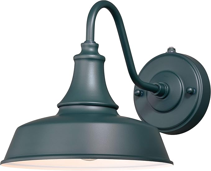 VAXCEL Dorado 9 in. H 1-Light Hunter Green and White Dusk to Dawn Sensor Farmhouse Outdoor Wall Sconce, Gooseneck Steel Shade, Dark Sky Compliant for Exterior Porch Patio Front Door or Garage