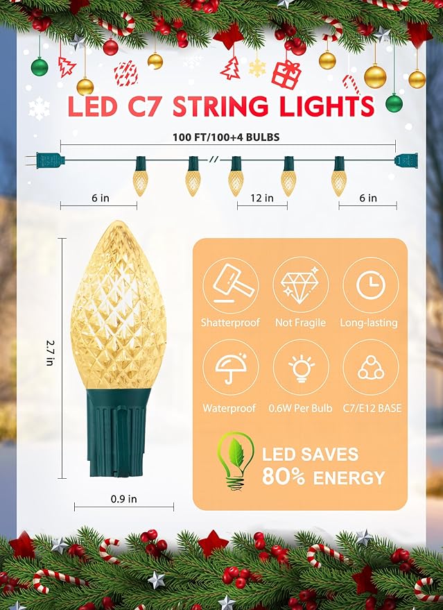 Brightown C7 LED Warm White Christmas Lights Outdoor, 100FT String with 100 Plastic Bulbs, Traditional Hanging Holiday Lights for Christmas Tree, Patio, Fence, Roofline Xmas Decorations