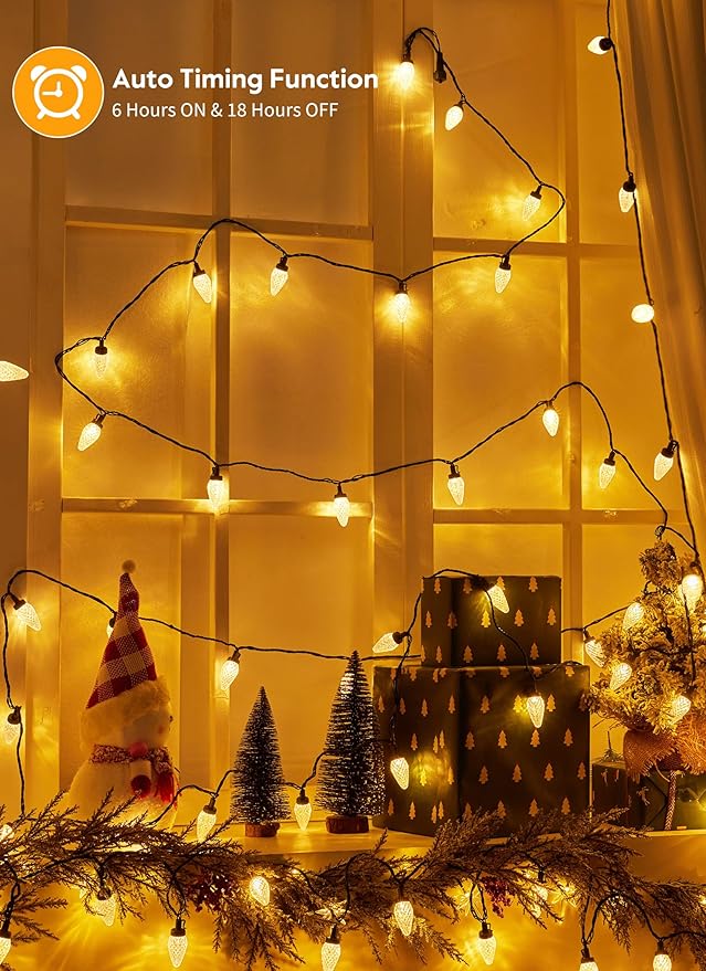 C9 Christmas Lights Outdoor, 114 Feet 150 LED C9 String Lights with Timer & 8 Light Modes, Waterproof Commercial Grade Connectable Christmas Tree Lights for Indoor Outside Roofline Patio, Warm White