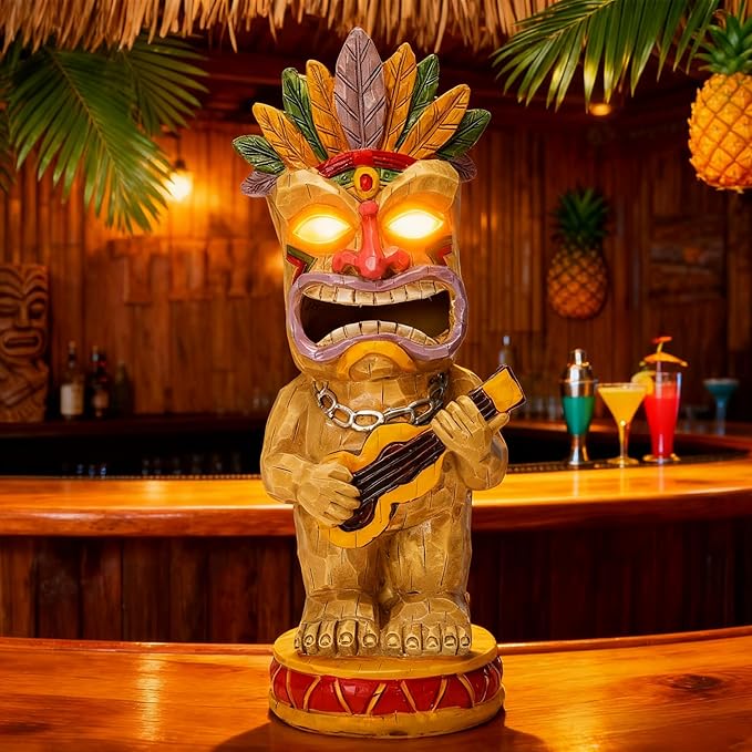 Solar Tiki Garden Statue with LED Eyes Outdoor Resin Ukulele Player Yard Decor Solar Light Hawaiian Style Lawn Ornament for Patio Porch Tiki Bar Decor Best Gift for Tiki Lovers