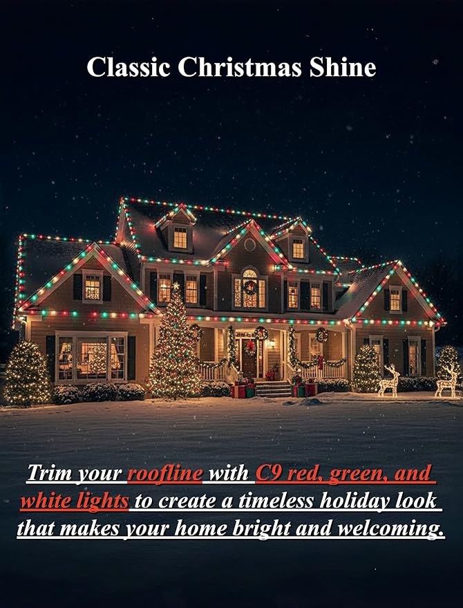 25ft Red White and Green Outdoor Christmas Lights,C9 Clear Incandescent Christmas Lights with 26 Multicolor Bulbs,Waterproof String Lights Plug in for Roofline Tree Garden Decor