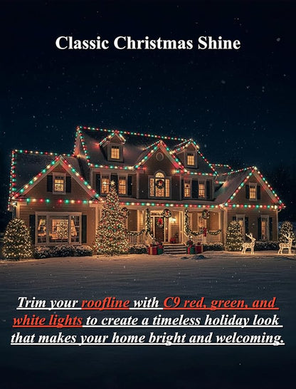 25ft Red White and Green Outdoor Christmas Lights,C9 Clear Incandescent Christmas Lights with 26 Multicolor Bulbs,Waterproof String Lights Plug in for Roofline Tree Garden Decor