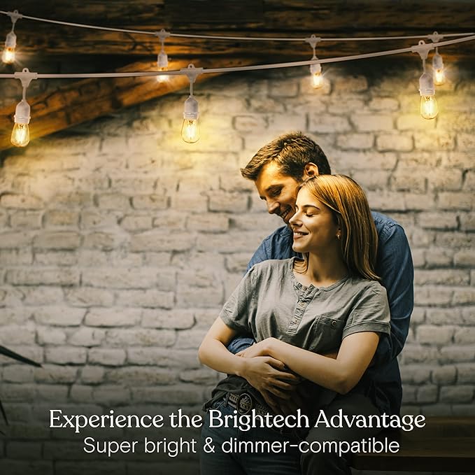Brightech Bundle: Ambience Pro Waterproof LED Outdoor String Lights - Hanging, Dimmable 2W Vintage Edison Bulbs - White + Outdoor Dimmer Plug