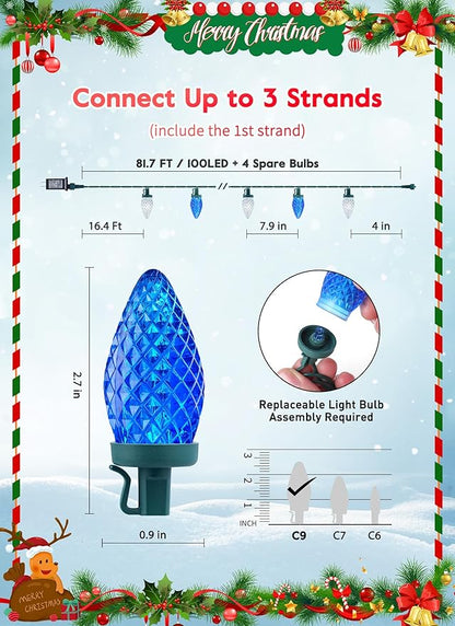 C9 LED Christmas Lights Outdoor, 81 Feet 100 LED String Lights with Timer & 8 Light Mode, Waterproof Connectable Christmas Tree Lights for Outside Indoor Roofline Patio, Blue & Pure White 2 Pack