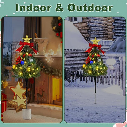 Solar Christmas Tree Pathway Lights Outdoor, Set of 4 Solar Christmas Tree Stake Lights, 80 Outdoor LEDs Xmas Decor, Christmas Decor DIY Xmas Tree Gift (Warm White)