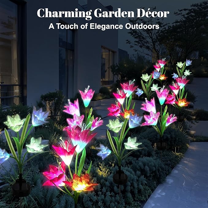 Outdoor Solar Lights Garden Decoration Bigger Lily Flowers 2 Pack, Waterproof 5 Color Changing LED Powered Light Large Panel for Garden Pathway Patio, Gift for Mom Grandma (Purple and White)