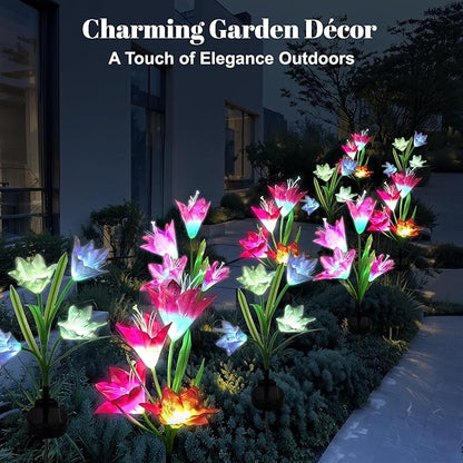 Outdoor Solar Lights Garden Decoration Bigger Lily Flowers 2 Pack, Waterproof 5 Color Changing LED Powered Light Large Panel for Garden Pathway Patio, Gift for Mom Grandma (Purple and White)