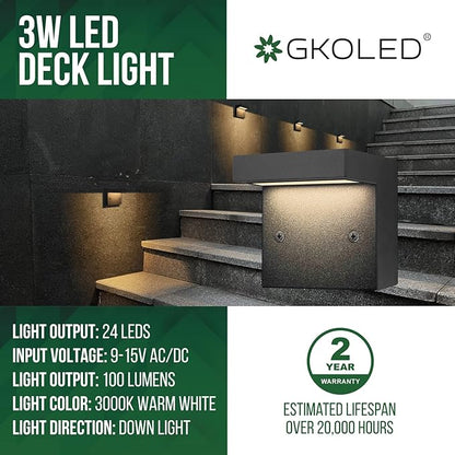 GKOLED 2-Pack Low Voltage LED Deck Lights, Landscape Step Wall Stair Railing Post Lighting with 3W Integrated LED Chips, IP65 Waterproof for Outdoor, Die-cast Aluminum, Black Powder Coated Finish