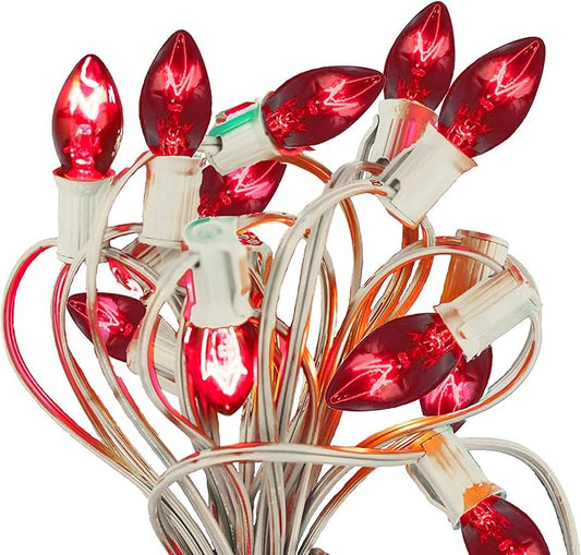EST. LEE DISPLAY L D 1902 Outdoor Patio String Lights Bulbs & Green Hanging Cord Set Christmas Holiday Seasonal Light Bulbs & Cord Included 25FT C-9 E17 (White Wire, Red)