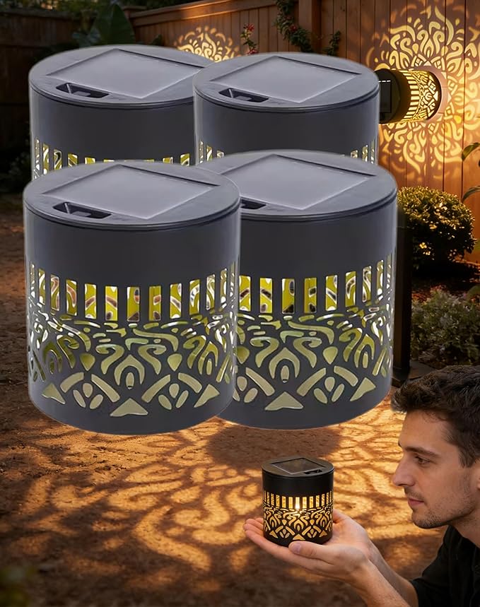 Decorative Solar Mandala Lights Outdoor, 3.34in Metal Solar Powered Outdoor Deck Step Wall Lights with Soft Warm Glow, Mandala Theme Fence Light for Garden Patio Backyard Decor (4Pcs)